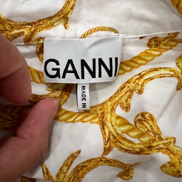 NWT GANNI 100% Cotton Gold And White Patterned Button Up Wrap Shirt - Picture 11 of 14